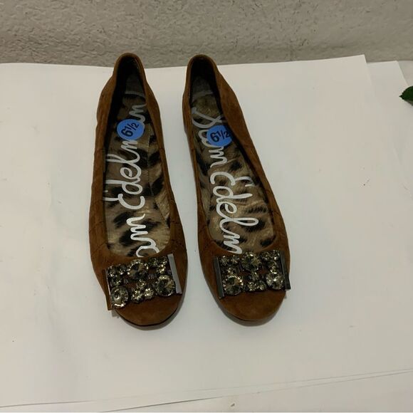 Sam Edelman Women's Ballet Flat Size 6.5 Brown Leather Slip On Shoe Beaded - Picture 1 of 11